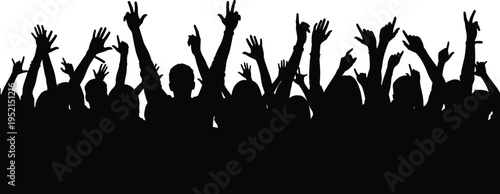 Black crowd silhouette with raised hands at concert festival or party isolated on white background, cheering people audience flat vector illustration for event promotion