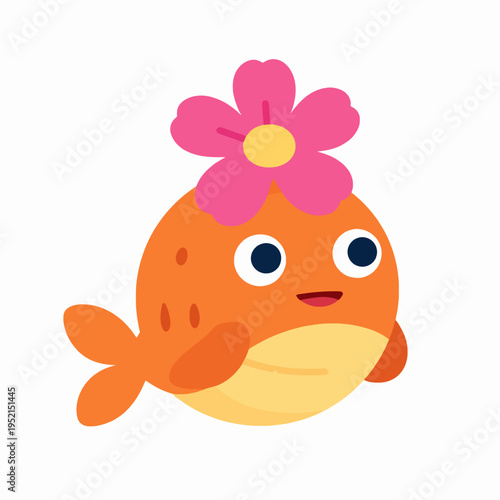 Whimsical orange sea creature character with a pink flower on its head and big expressive eyes, smiling happily in a flat vector art style, isolated on white background for ocean fantasy concepts.