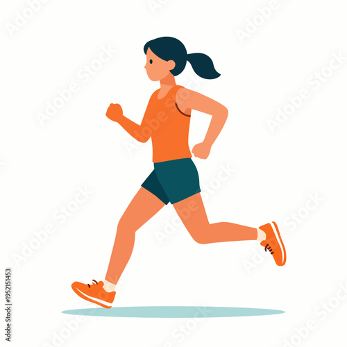 Minimalist flat vector illustration of a single Japanese female marathon runner in mid-stride, active woman athlete running outdoors for fitness and sports concept, vibrant orange and teal colors.