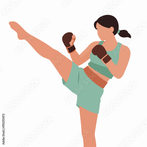 Muay Thai Female Fighter Performing High Kick, Professional Asian Athlete in Martial Arts Training, Flat Vector Illustration of Woman in Sportswear Exercising Outdoors, Fitness and Strength Concept