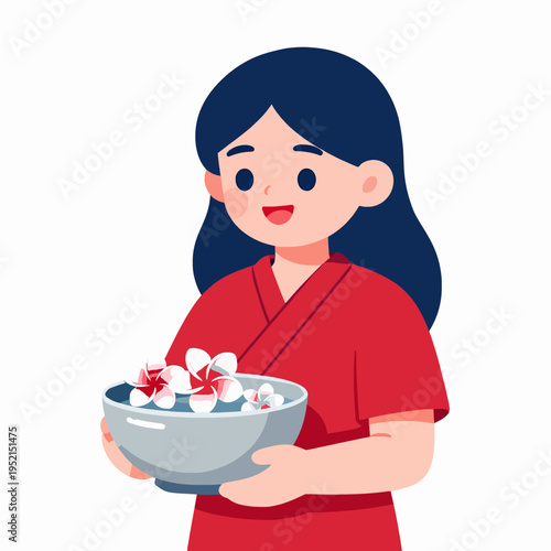 Happy Southeast Asian Thai child girl smiling while holding a silver water bowl with frangipani flowers for Songkran festival celebration, flat vector illustration isolated on white.