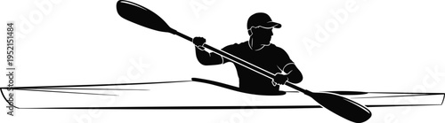 Kayaker silhouette paddling in motion, seated in kayak with double‑bladed paddle, bold black and white sports illustration artwork design