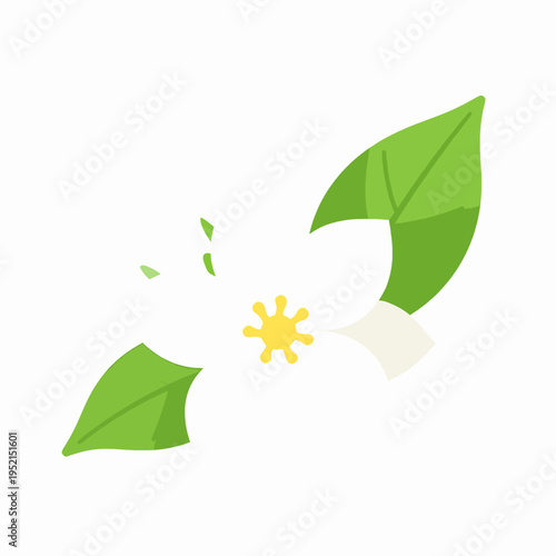Single flat vector illustration of a blooming white jasmine flower with vibrant green leaves, symbolic of Thai Songkran Water Festival and traditional Mother's Day, isolated on white background.