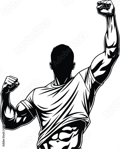 Muscular athlete silhouette back view arms raised triumphant pose, bold black and white fitness illustration artwork strength design drawing