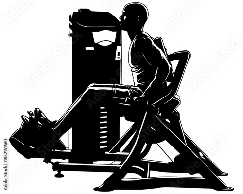 Muscular man using leg press machine at gym, intense lower body strength training workout, bold black ink silhouette illustration isolated on background