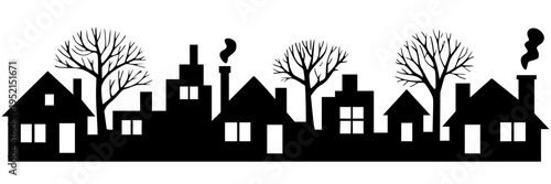 black vector of a winter suburban skyline. The illustration features a row of small residential houses and taller buildings with smoke curling from chimneys, interspersed with bare, leafless trees.