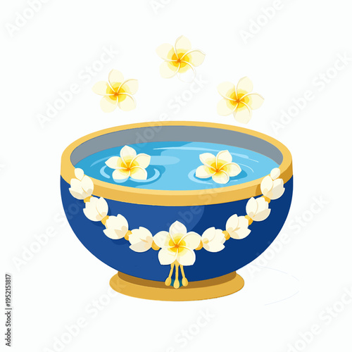 A traditional Thai water bowl for Songkran Festival with a white jasmine garland and floating frangipani flowers, a symbol of Southeast Asian Thai New Year culture, flat vector illustration.