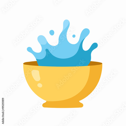 Flat vector illustration of a traditional golden yellow water bowl with a refreshing blue splash, celebrating the Southeast Asian Songkran festival, isolated on white, vibrant and joyful mood