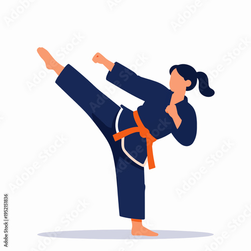 Flat vector illustration of a single Asian woman karate practitioner performing a dynamic mid-air roundhouse kick in a dojo, minimalist martial arts concept with navy blue and orange accents.