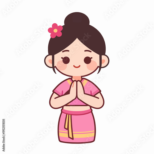 Cute Southeast Asian Thai girl in traditional pink dress performing a respectful Wai greeting, flat vector illustration of a young female child smiling in cultural attire, isolated on white background