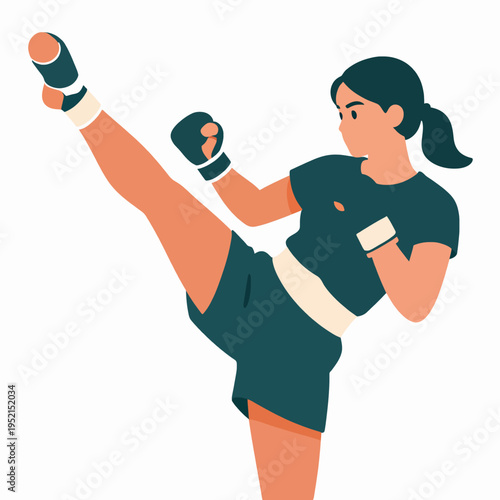 Muay Thai Female Fighter Performing High Kick, Asian Woman Athlete Training in Flat Vector Art Style, Martial Arts Concept of Strength and Agility, Minimalist Illustration Isolated on White Background