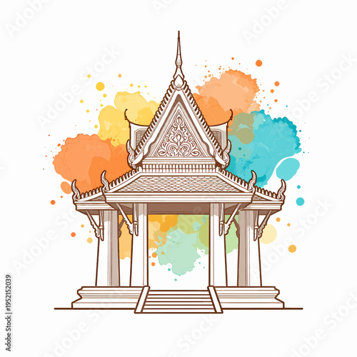 Traditional Thai temple pavilion architecture with an ornate tiered roof, vibrant watercolor paint splatter style and minimalist line art, outdoors in daytime, isolated on white background