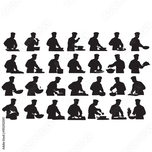 Chef cooking food preparation actions silhouette collection