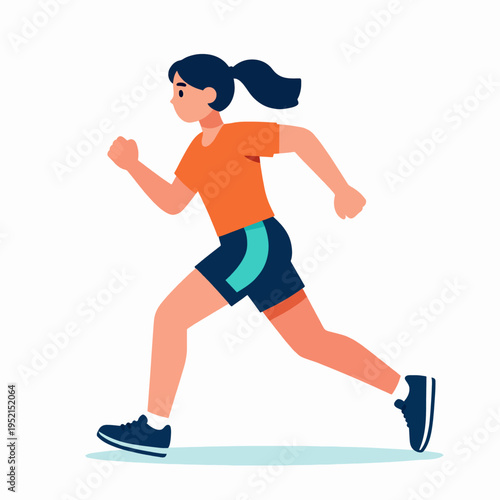 Flat vector illustration of a single young East Asian woman runner sprinting in a dynamic pose, minimalist fitness concept, vibrant orange and teal colors, isolated on white background