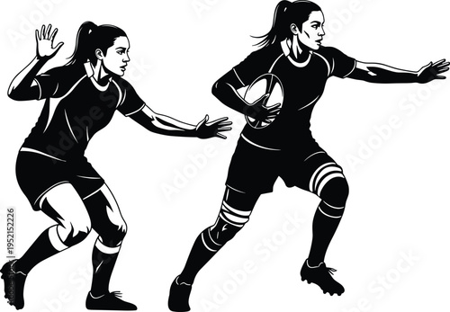 Two female rugby players silhouette in dynamic action, runner holding ball, defender blocking, bold black and white sports illustration artwork