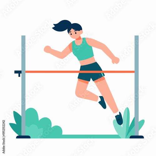 Athletic Young East Asian Woman High Jumper in Mid-air Action, Professional Female Athlete Clearing Bar, High Performance Track and Field Sports Concept, Vibrant Teal and Orange Flat Vector Art