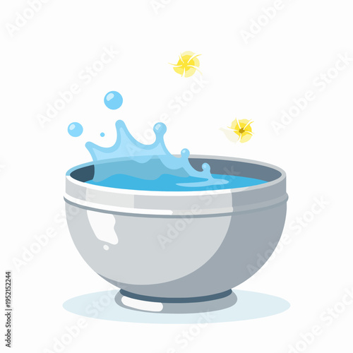 Traditional Thai silver water bowl with splashing water and frangipani flowers for Songkran Festival, Southeast Asian cultural celebration, isolated on white background, flat vector art