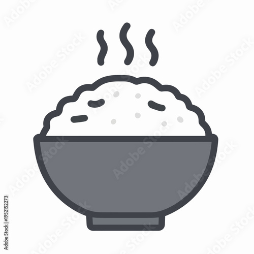 Minimalist flat vector illustration of a single steaming bowl of white rice, healthy Asian cuisine staple food icon isolated on white background for nutrition and culinary concepts.
