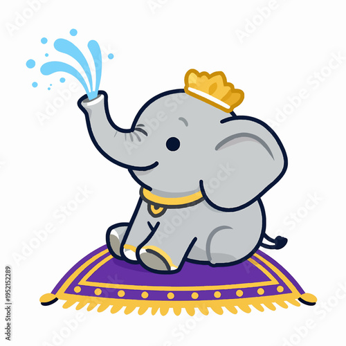 Cheerful single baby elephant with purple ceremonial saddle spraying water from trunk, traditional Thai Songkran festival celebration concept, flat vector illustration isolated on white background