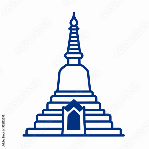 Minimalist flat vector illustration of a single traditional Thai stupa chedi, Southeast Asian Buddhist architecture icon for Songkran festival, blue and white colors, isolated on white background.