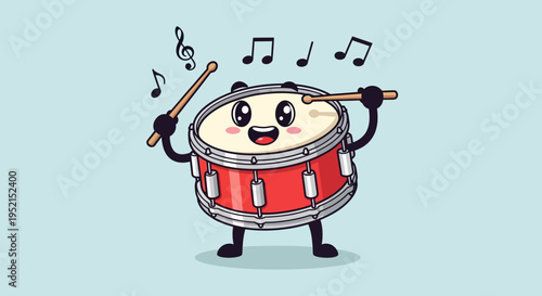 Cartoon Drummer Playing Red Drum.