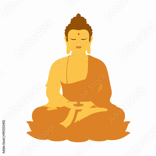 A serene South Asian Buddhist monk meditating in a peaceful lotus pose, representing Zen spirituality, mindfulness, and enlightenment, flat vector illustration of a golden Buddha statue, isolated.