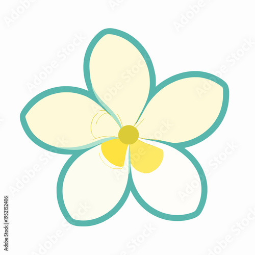 Single white plumeria frangipani flower vector illustration, minimalist tropical blossom for spa and wellness concept, clean botanical icon isolated on white background, serene morning nature.