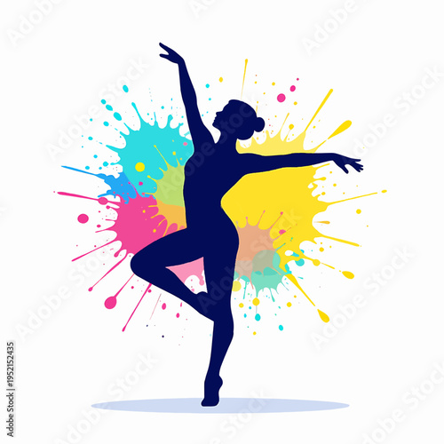 Vibrant Flat Vector Illustration of a Single Young Black Woman Contemporary Dancer Performing an Energetic Mid-Air Leap with Colorful Paint Splatter Textures, Modern Abstract Art Concept for Fitness