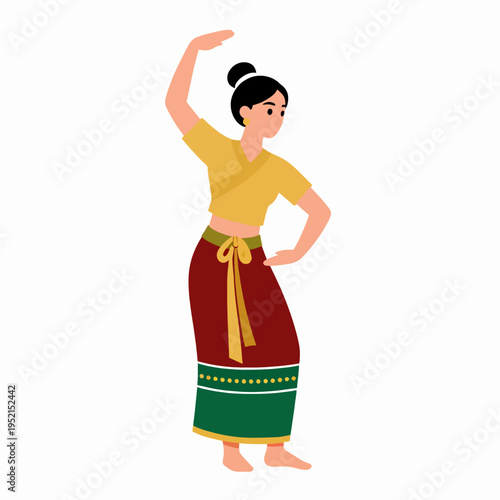 Beautiful Southeast Asian Thai Woman in Traditional Chakkri Silk Dress Performing Classical Dance, Elegant Female Dancer Smiling Outdoors During Songkran Festival Celebration