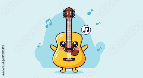 Cartoon Guitar Character Singing Song.