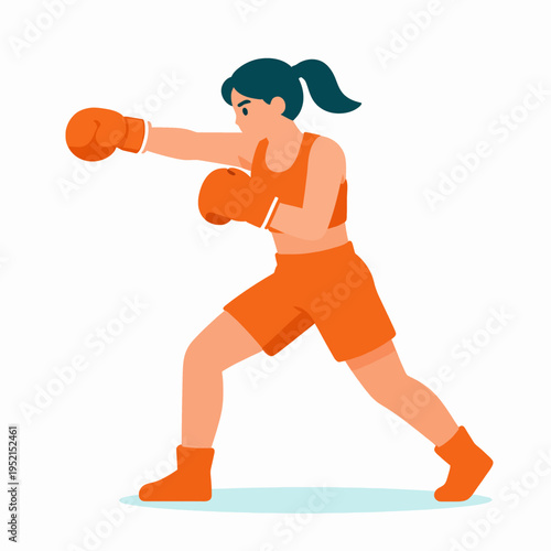 Flat vector illustration of a young adult Hispanic woman boxer in a dynamic punching pose, athlete exercising at the gym, fitness and empowerment concept, wearing modern athletic gear.
