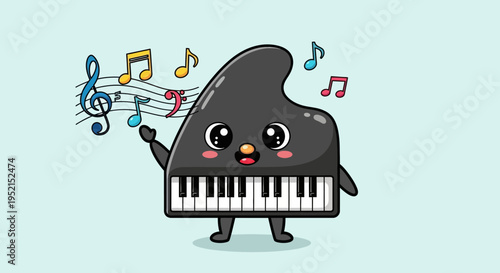 Cartoon piano with musical notes and face.