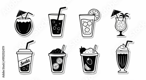 Refreshing drinks illustrations in a row