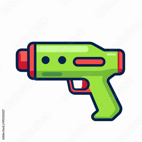 Single flat vector illustration of a green and red water blaster toy for kids summer fun, plastic squirt gun icon isolated on white background, outdoor play concept graphic.