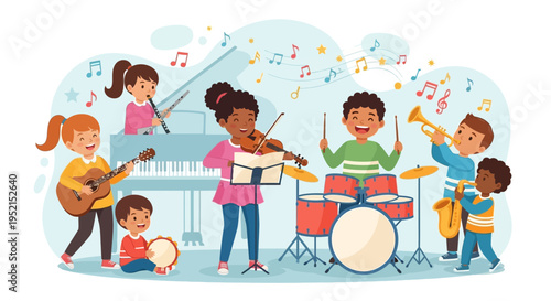 Children Playing Musical Instruments Together.
