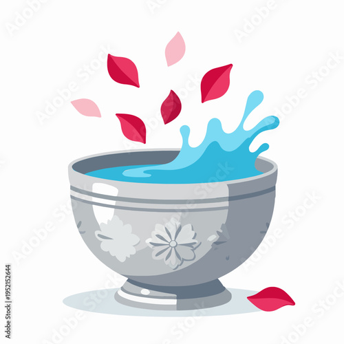 Ornate Thai silver water bowl with splashing blue water and red jasmine petals, Southeast Asian Songkran festival concept, flat vector illustration of traditional New Year celebration, isolated