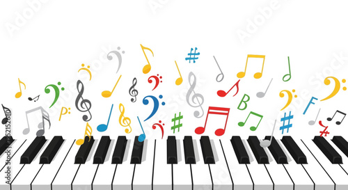 Closeup of piano keys with notes.