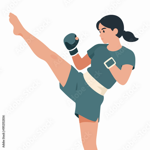 A single young Asian woman practicing Muay Thai martial arts, performing a powerful high kick, wearing traditional athletic gear, flat vector illustration for fitness and sports concept.