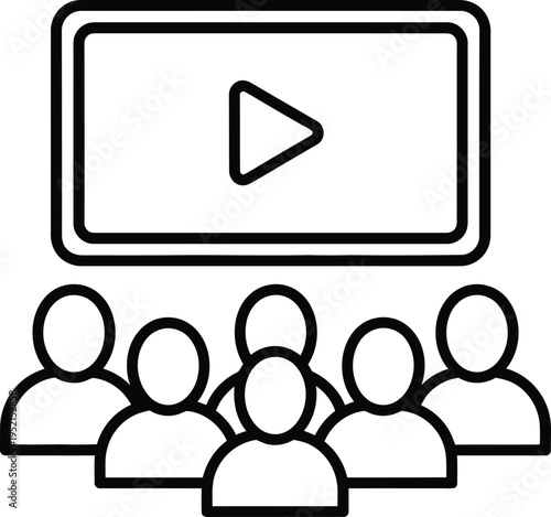 Vector icon of 6 people watching video, play button