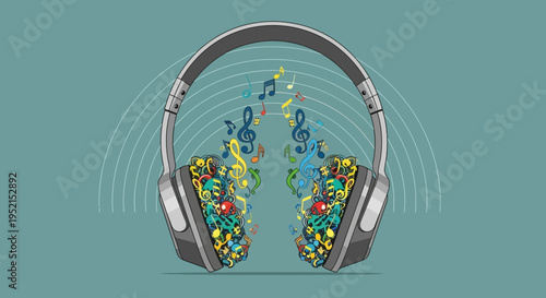 Colorful Headphones with Music Notes.