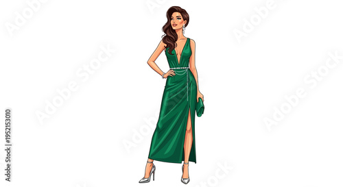 Elegant woman in a long, emerald green dress with a high slit and sparkly heels, accessorized with a clutch purse