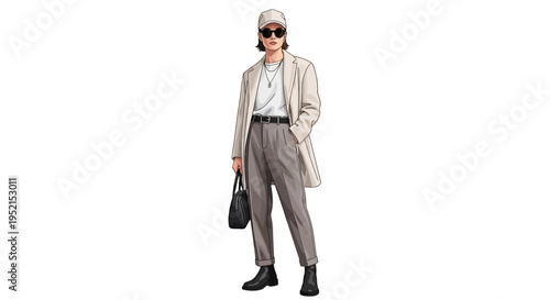 A stylish individual in a beige coat and cap, holding a black bag, showcasing a modern fashion sense