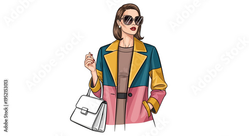 Fashionable woman with sunglasses and stylish handbag, illustrative graphic art