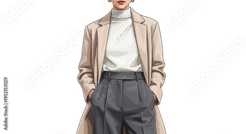 Elegant and modern professional woman in a chic beige trench coat and turtleneck, embodying contemporary style and sophisticated business fashion concept for diverse creative projects