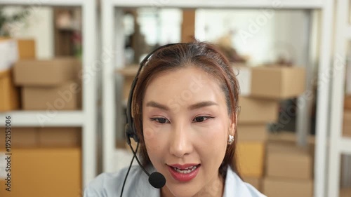 Customer, support, service, communication, ecommerce, cheerful seller or small business owner in headset listens and responds to buyer questions, managing ceramic online order service from home office