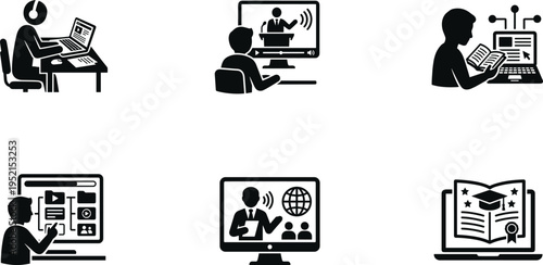 Online Learning and E-Learning Icons Set Vector Flat Illustration of Distance Education Digital Classroom and Webinar Symbols