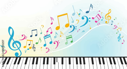 Colorful music notes on piano keyboard.
