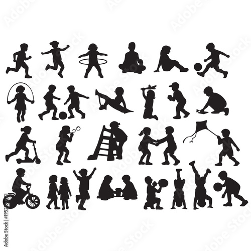 Diverse children silhouettes engaged in various outdoor activities