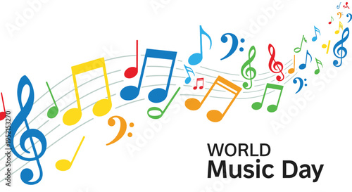 Colorful music notes on staff.