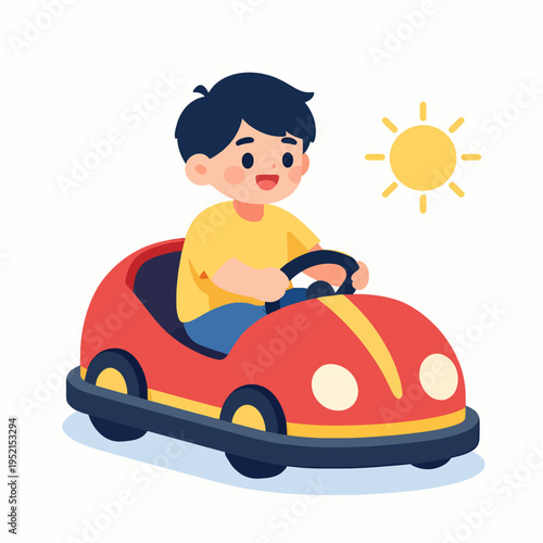 Excited Southeast Asian child boy driving a colorful red and yellow bumper car at a summer festival, playful outdoors activity, happy childhood moment, flat vector illustration concept.